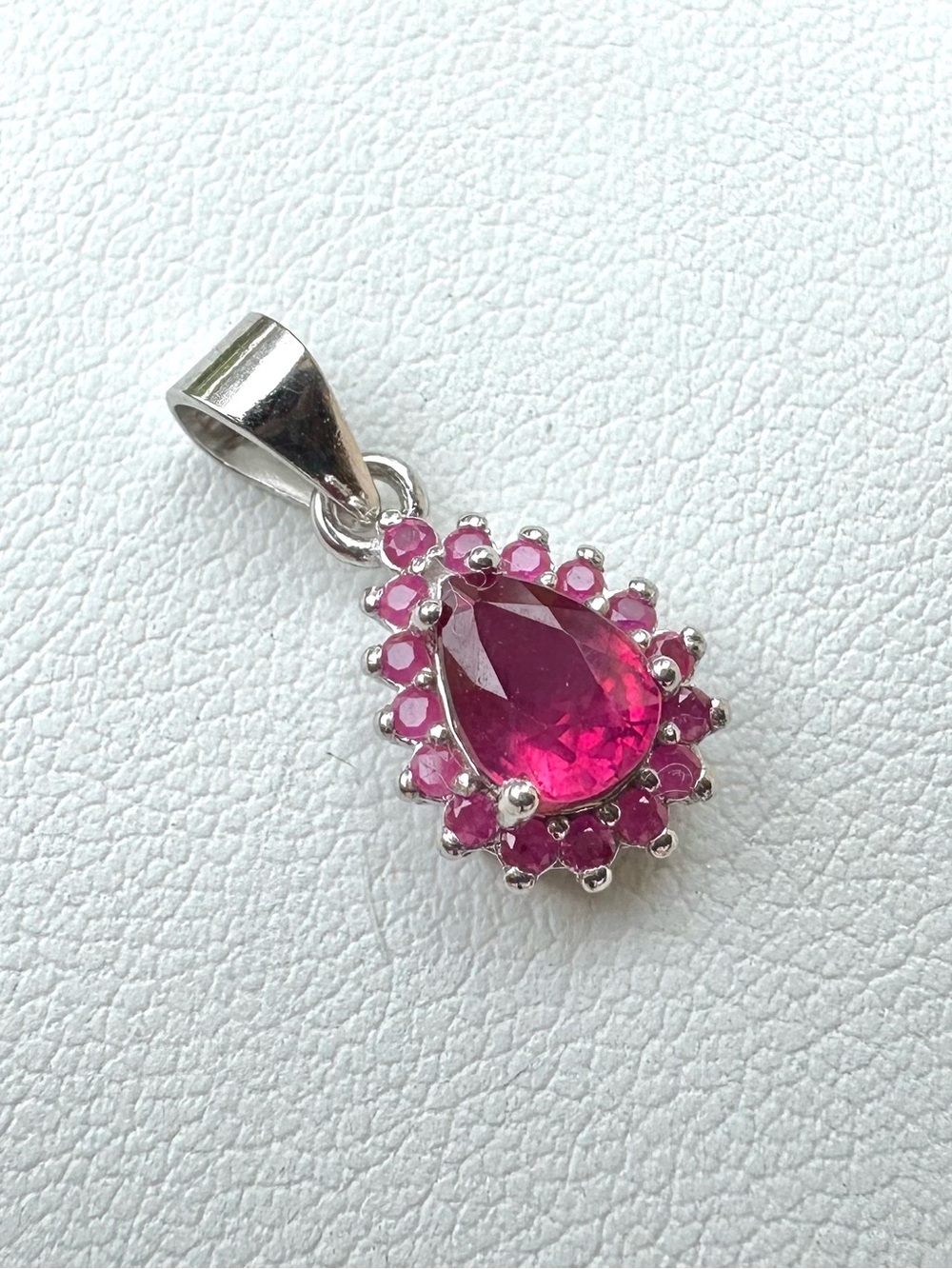 Ruby Halo Pendant, Genuine Ruby, Sterling Silver Teardrop, BRAND NEW
